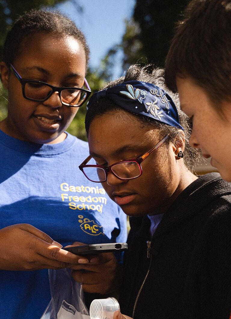 A Black woman takes a picture of something with her cellphone. Three young children are gathered watching