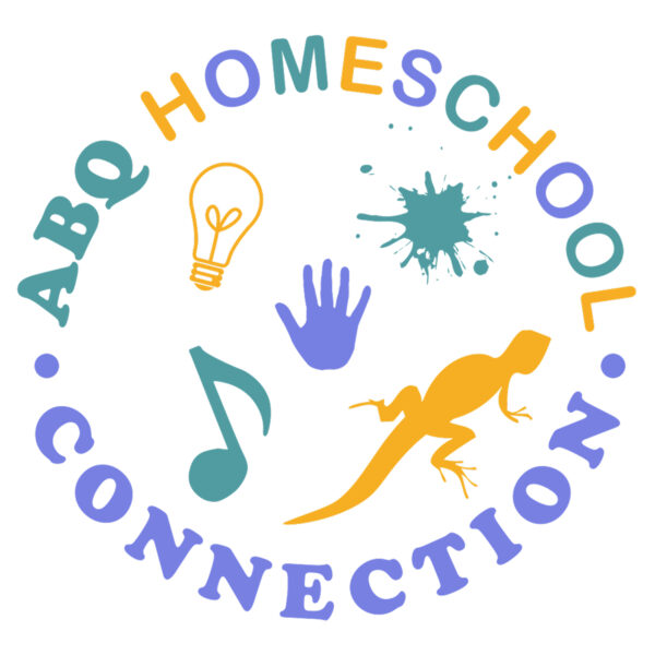 ABQ Homeschool Connection logo with icons of a musical note, iguana, handprint, lightbulb, and paint splatter in the middle