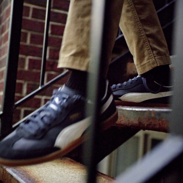 Closeup photo of Puma shoes going down stairs