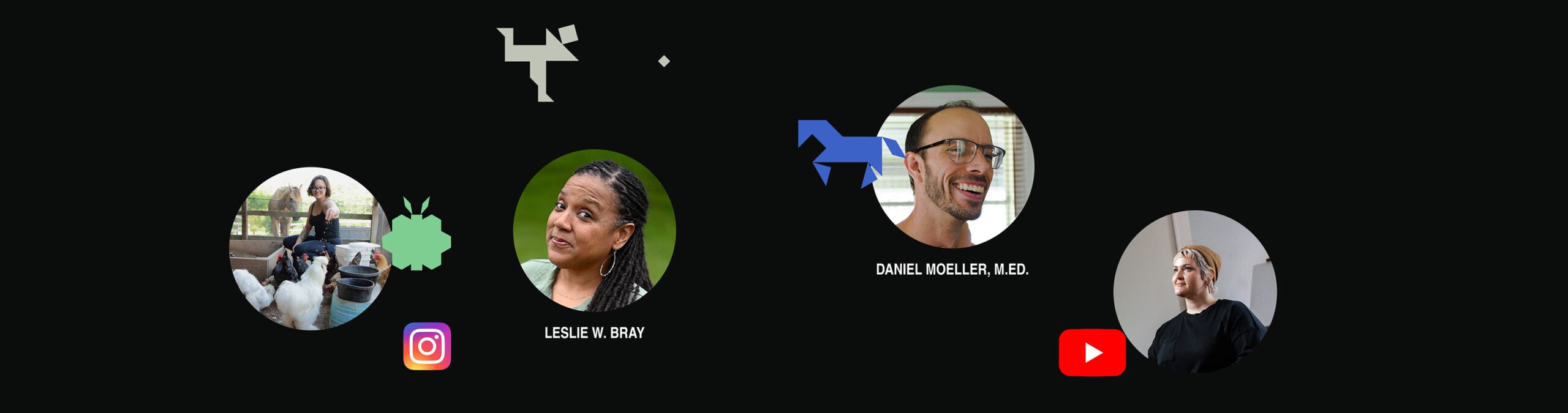 Photos of the Mosaic guides with illustrations of a caterpillar, person sitting, and person playing with blocks