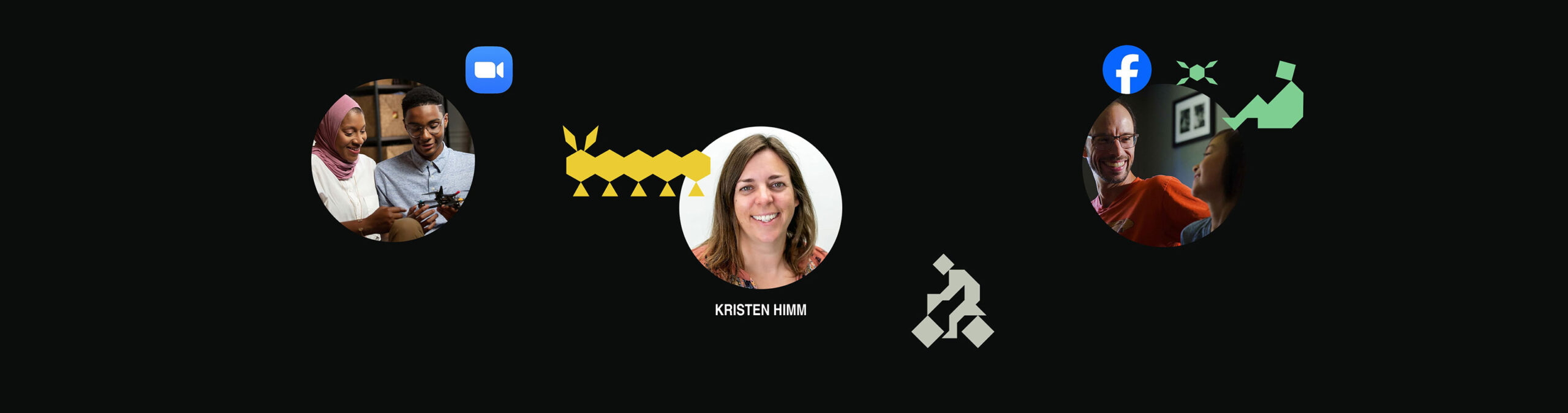 Photos of the Mosaic guides with illustrations of a caterpillar, person sitting, and person playing with blocks